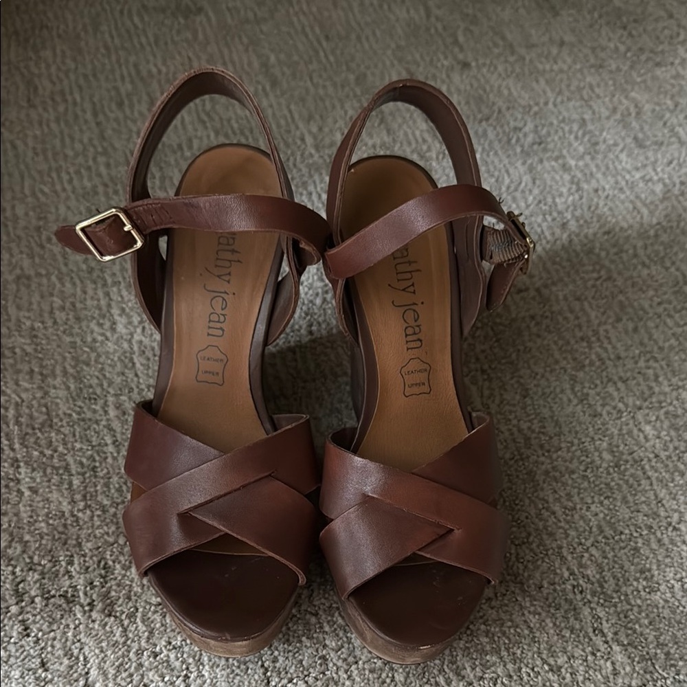 Cathy Jean Brown Wedge Sandals with Leather Straps